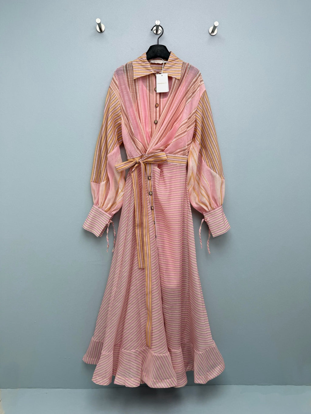 Striped Belted Shirt Maxi Dress - Blush Pink Stripe - View 1