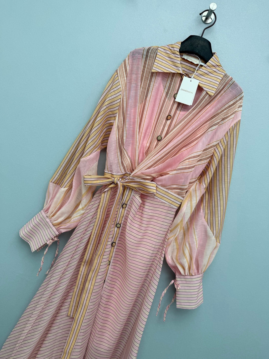 Striped Belted Shirt Maxi Dress - Blush Pink Stripe - View 5
