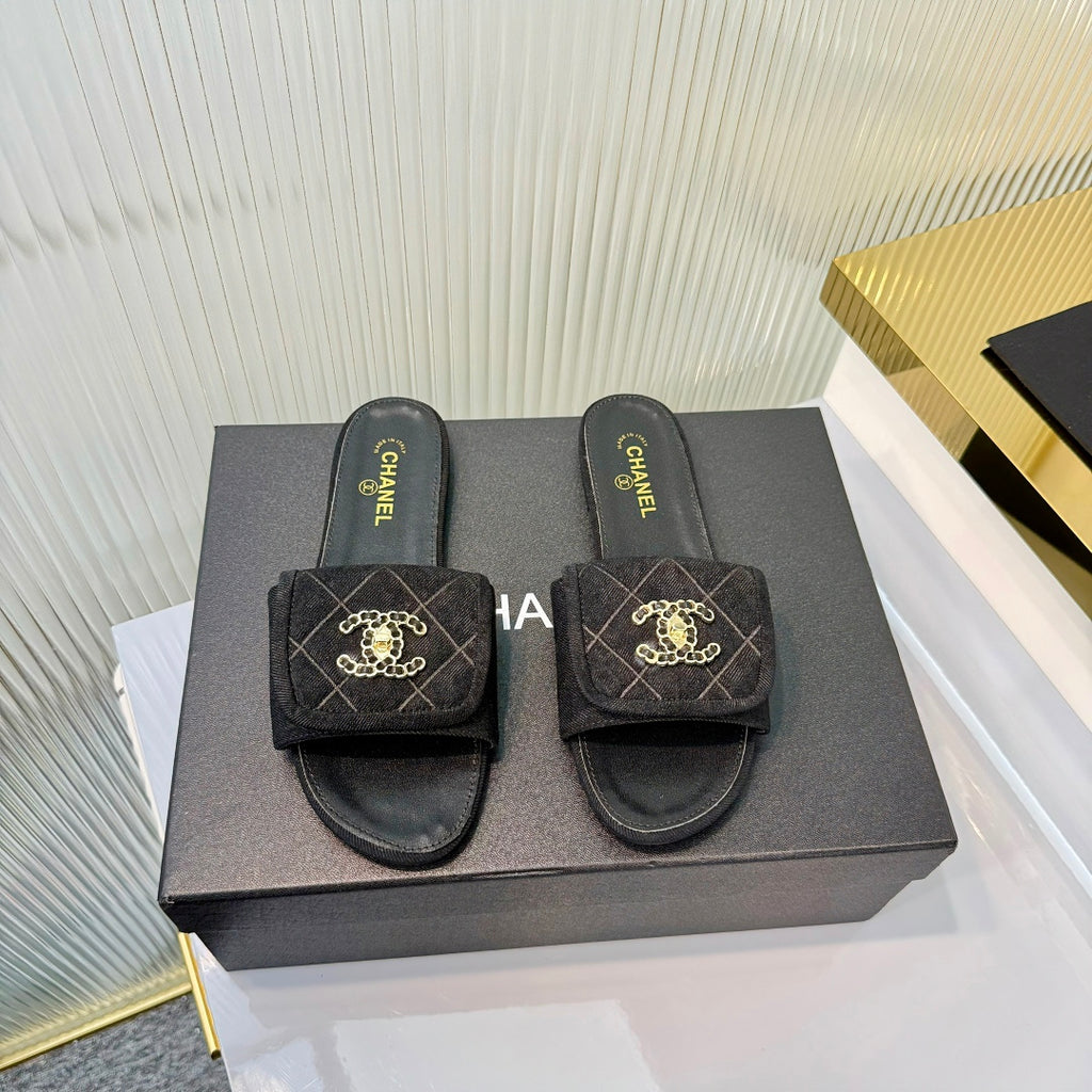 Quilted Double C Slide Sandals - Black - View 2