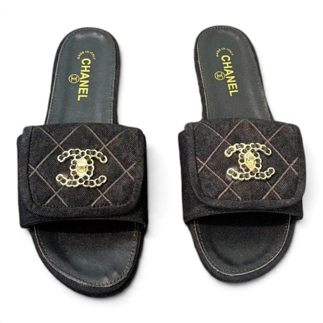 Quilted Double C Slide Sandals - Black - View 2