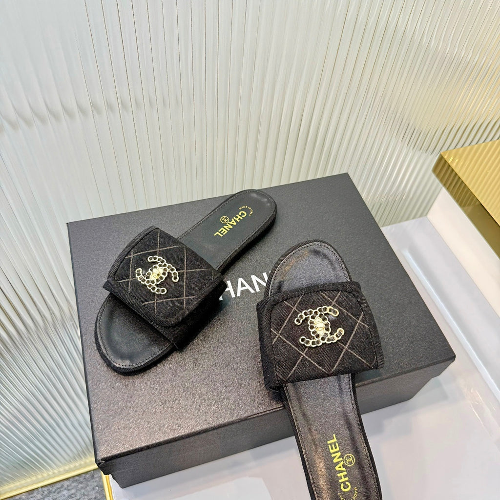 Quilted Double C Slide Sandals - Black - View 4