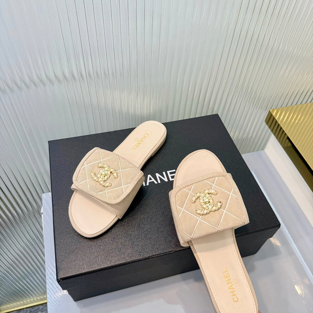 Quilted Double C Slide Sandals - Beige - View 5