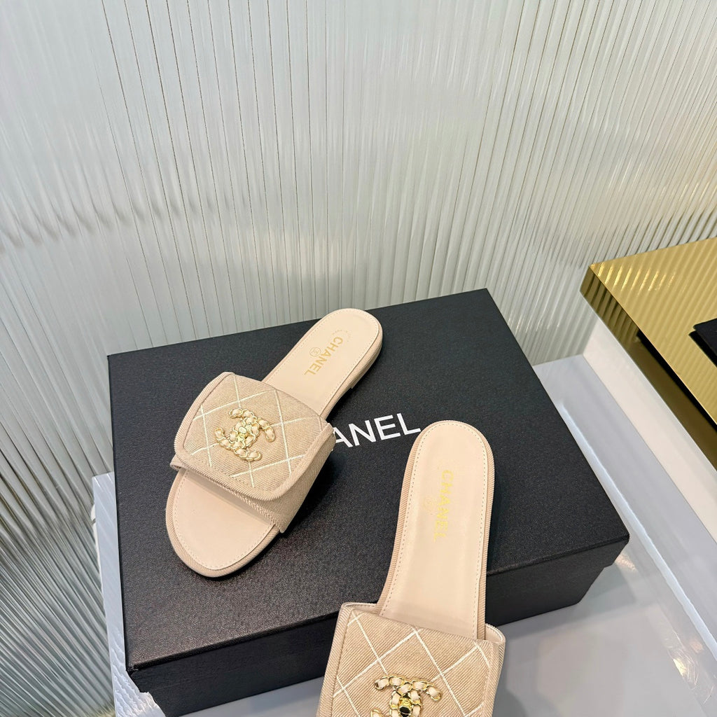 Quilted Double C Slide Sandals - Beige - View 3