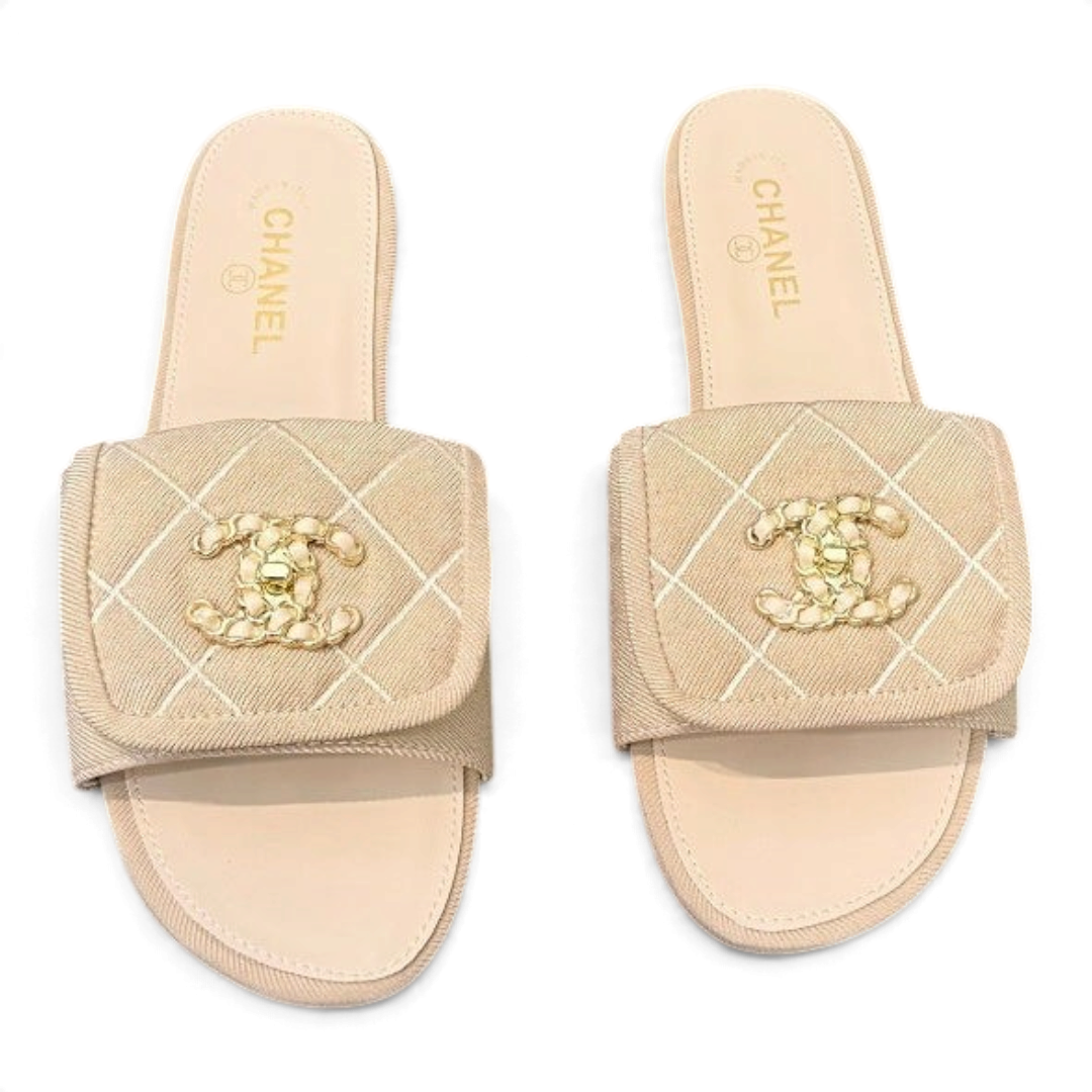 Quilted Double C Slide Sandals - Beige - View 2