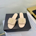 Quilted Double C Slide Sandals - Beige - View 1