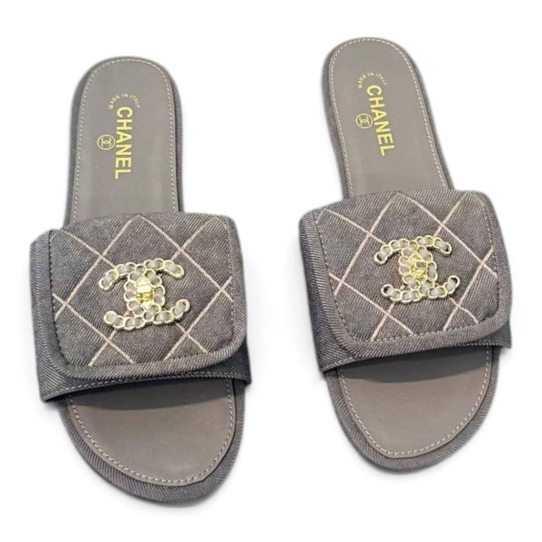 Quilted Double C Slide Sandals - Dark Grey - View 2