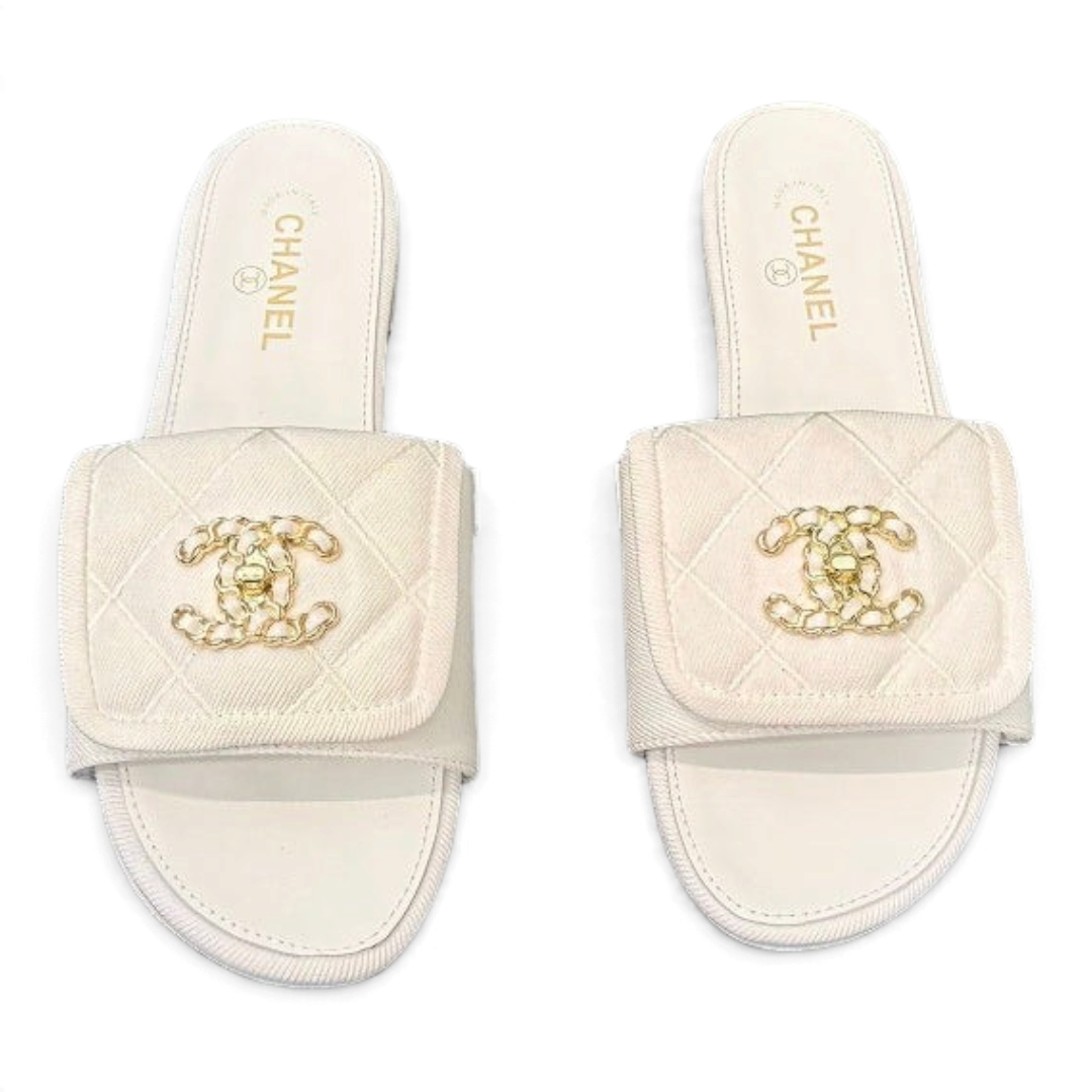 Quilted Double C Slide Sandals - White - View 2