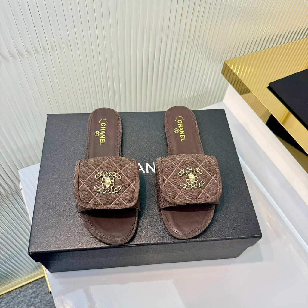 Quilted Double C Slide Sandals - Brown - View 4