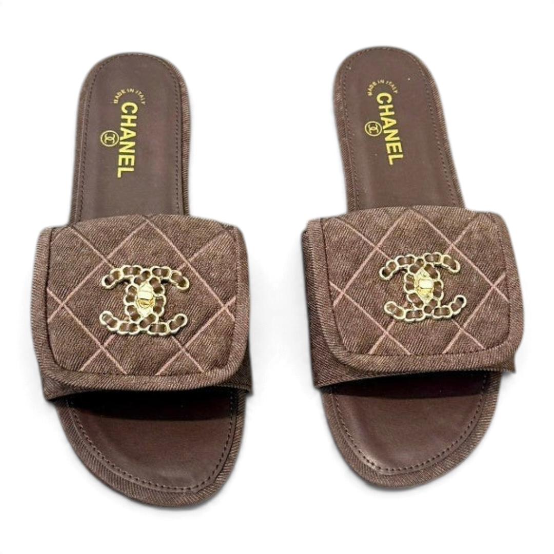 Quilted Double C Slide Sandals - Brown - View 4