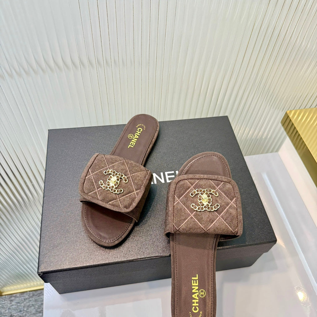 Quilted Double C Slide Sandals - Brown - View 2