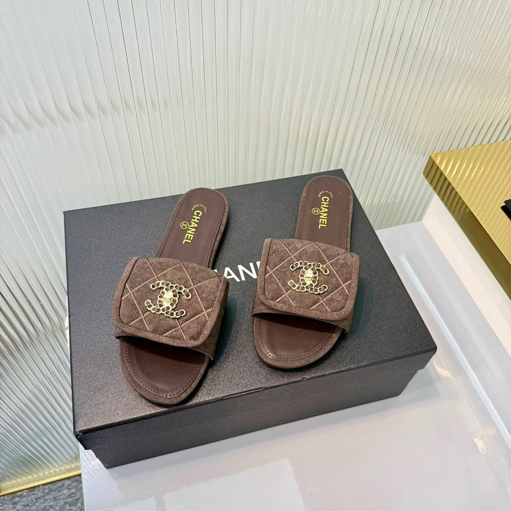 Quilted Double C Slide Sandals - Brown - View 3