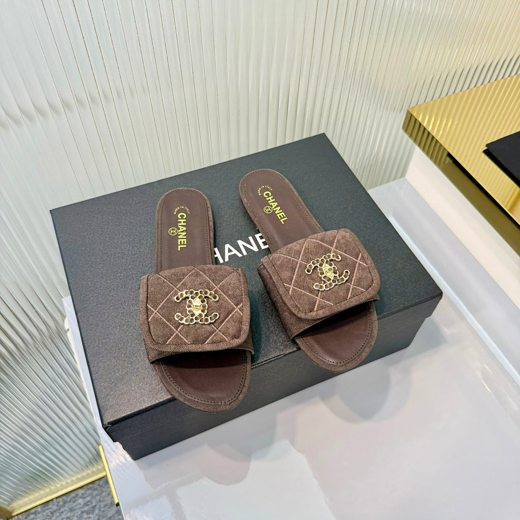 Quilted Double C Slide Sandals - Brown - View 6