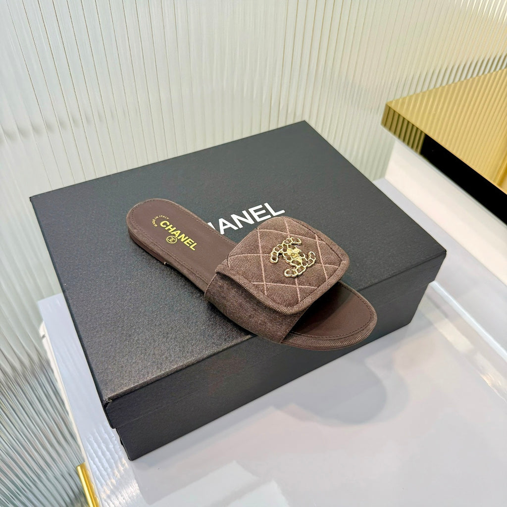 Quilted Double C Slide Sandals - Brown - View 8