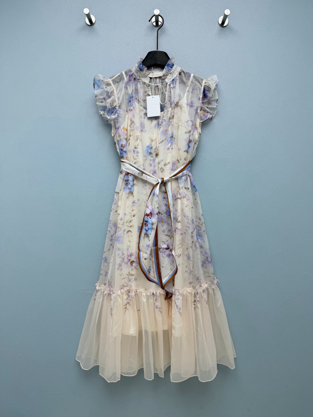 Floral Scarf-Belt Ruffle Maxi Dress - Lavender Blue - View 1