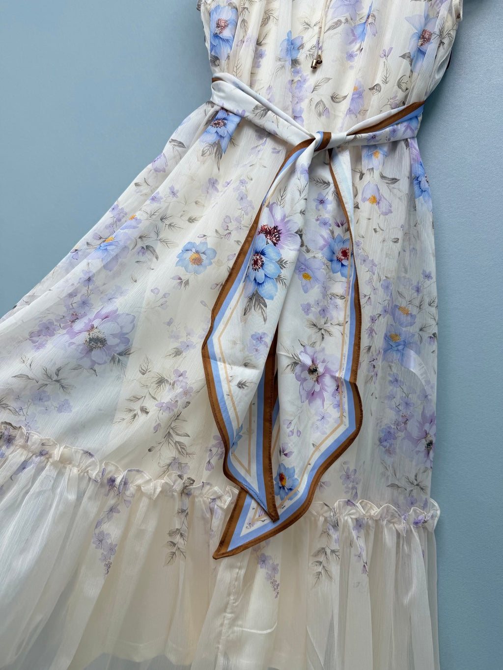 Floral Scarf-Belt Ruffle Maxi Dress - Lavender Blue - View 6
