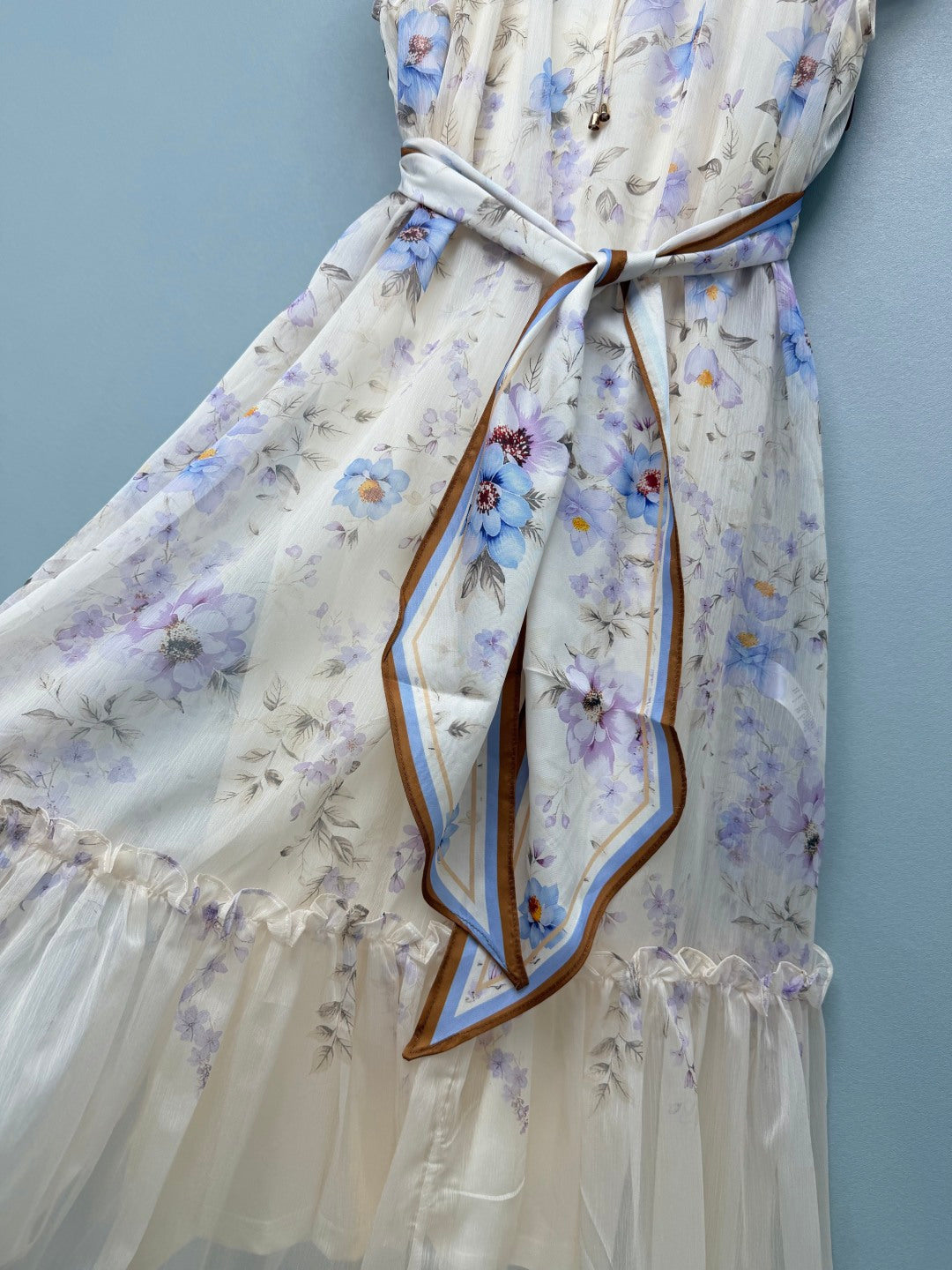 Floral Scarf-Belt Ruffle Maxi Dress - Lavender Blue - View 6