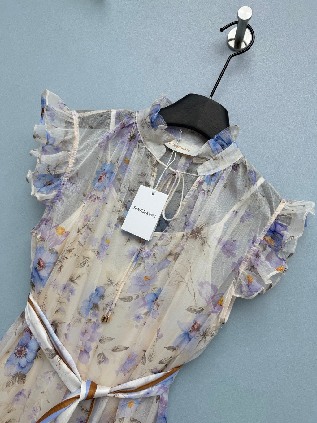 Floral Scarf-Belt Ruffle Maxi Dress - Lavender Blue - View 4