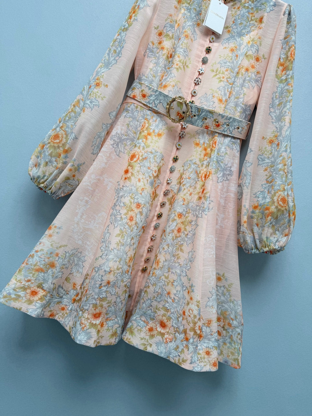 Baroque Floral High-Neck Mini Dress - Ivory Pastel - View 7
