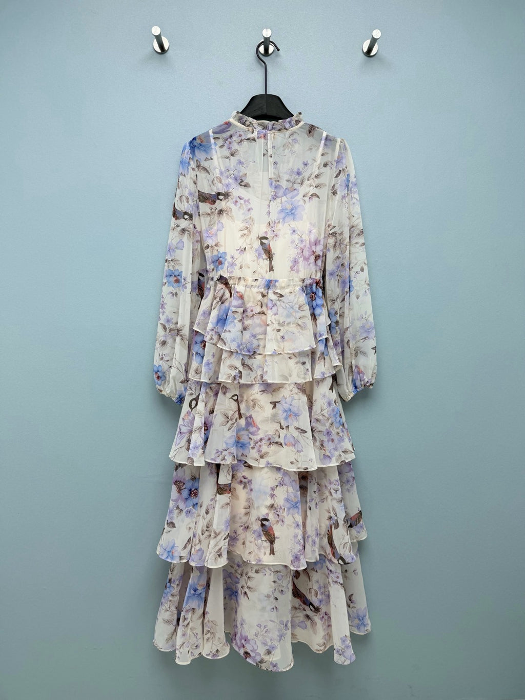 Bird Print Tiered Chiffon Maxi Dress - Lavender Multicolor - View 8