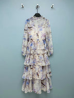 Bird Print Tiered Chiffon Maxi Dress - Lavender Multicolor - View 8
