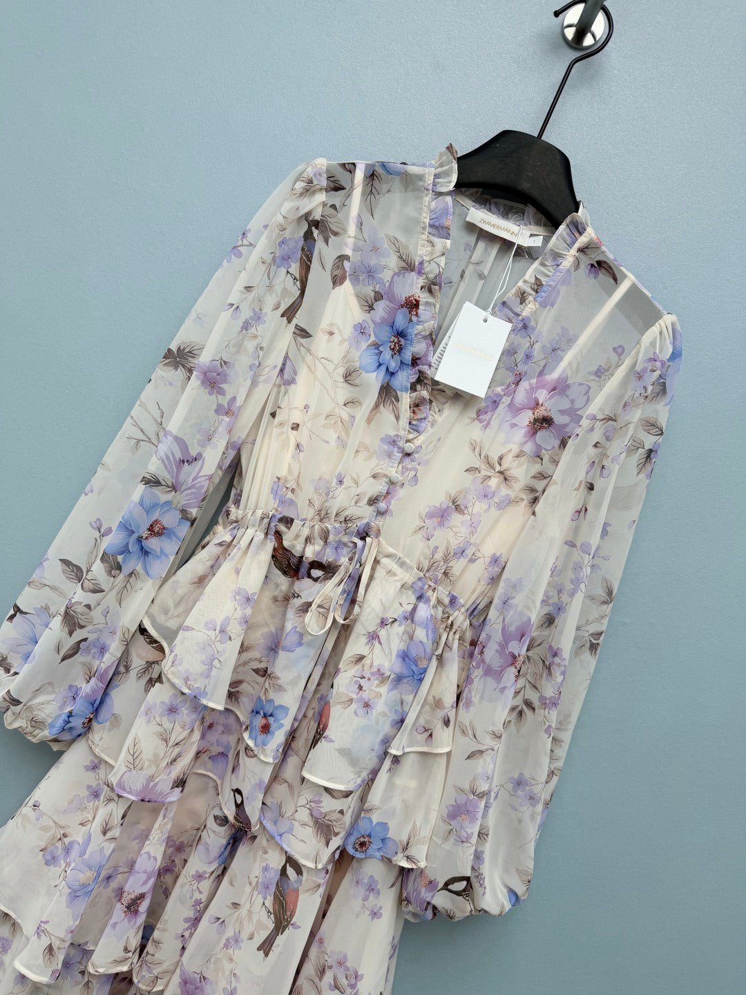 Bird Print Tiered Chiffon Maxi Dress - Lavender Multicolor - View 4