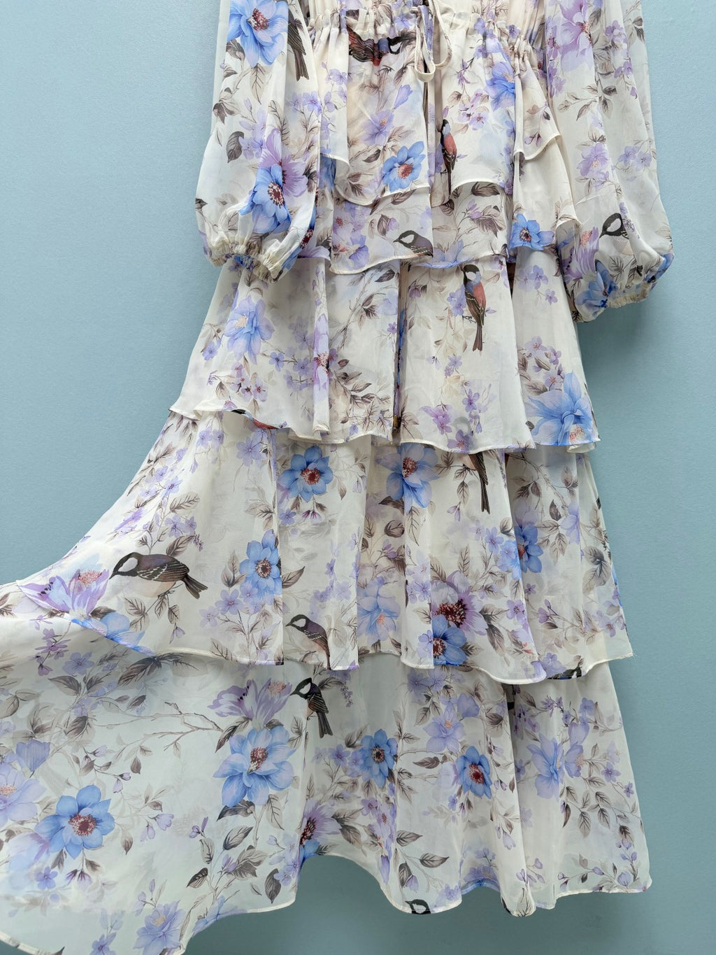 Bird Print Tiered Chiffon Maxi Dress - Lavender Multicolor - View 5