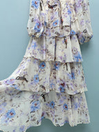 Bird Print Tiered Chiffon Maxi Dress - Lavender Multicolor - View 5