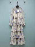 Bird Print Tiered Chiffon Maxi Dress - Lavender Multicolor - View 1