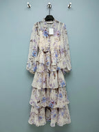Bird Print Tiered Chiffon Maxi Dress - Lavender Multicolor - View 1