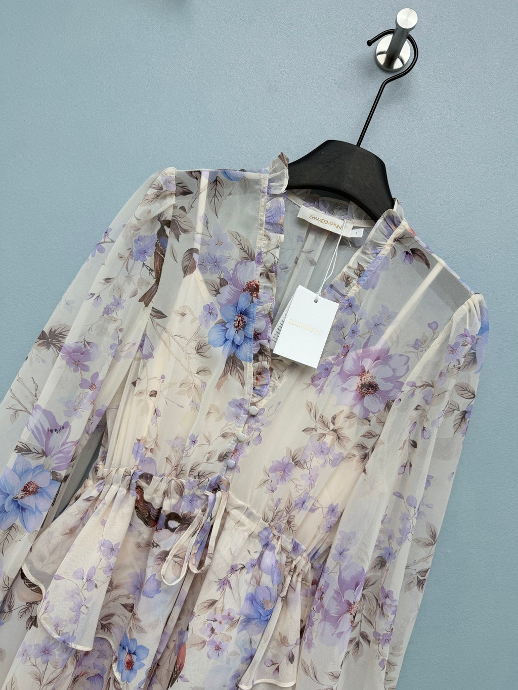 Bird Print Tiered Chiffon Maxi Dress - Lavender Multicolor - View 3