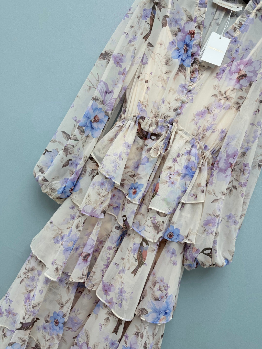 Bird Print Tiered Chiffon Maxi Dress - Lavender Multicolor - View 7