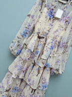 Bird Print Tiered Chiffon Maxi Dress - Lavender Multicolor - View 7