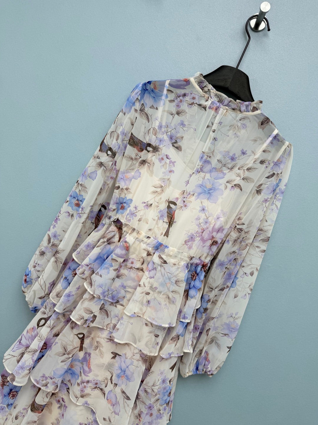 Bird Print Tiered Chiffon Maxi Dress - Lavender Multicolor - View 9