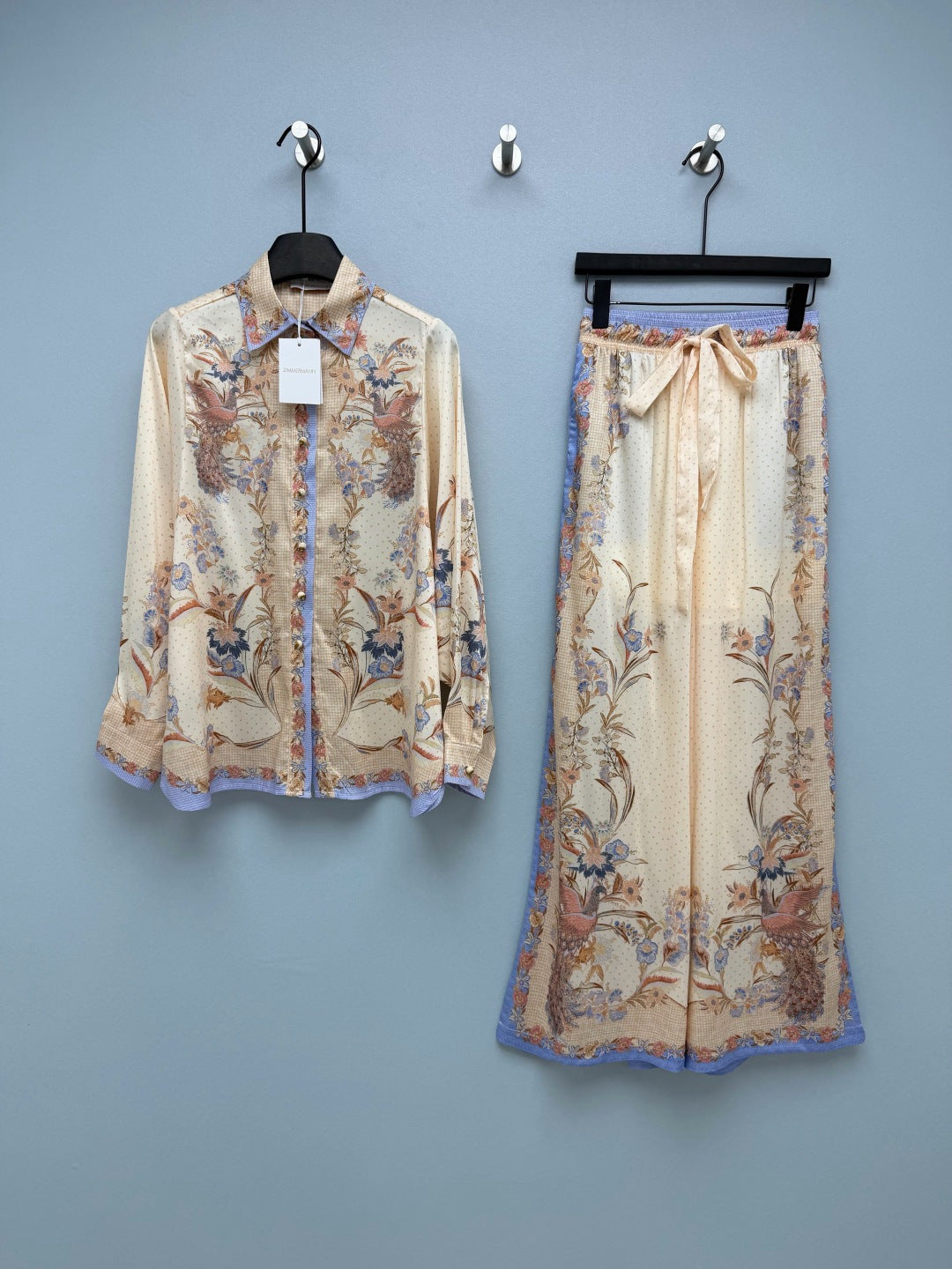 Satin-Finish Bird Print Shirt And Trousers Set - Ivory Blue - View 10