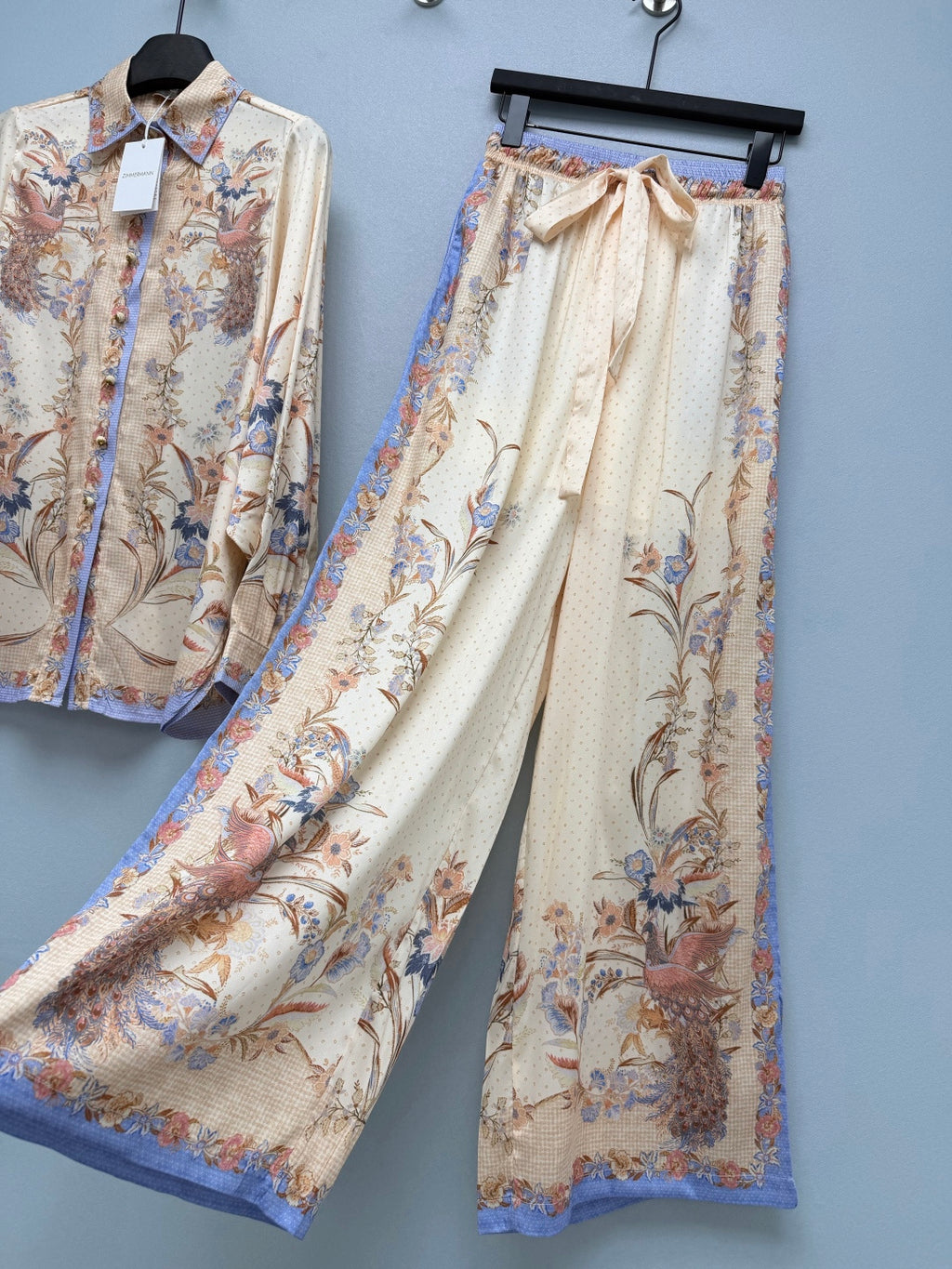 Satin-Finish Bird Print Shirt And Trousers Set - Ivory Blue - View 15