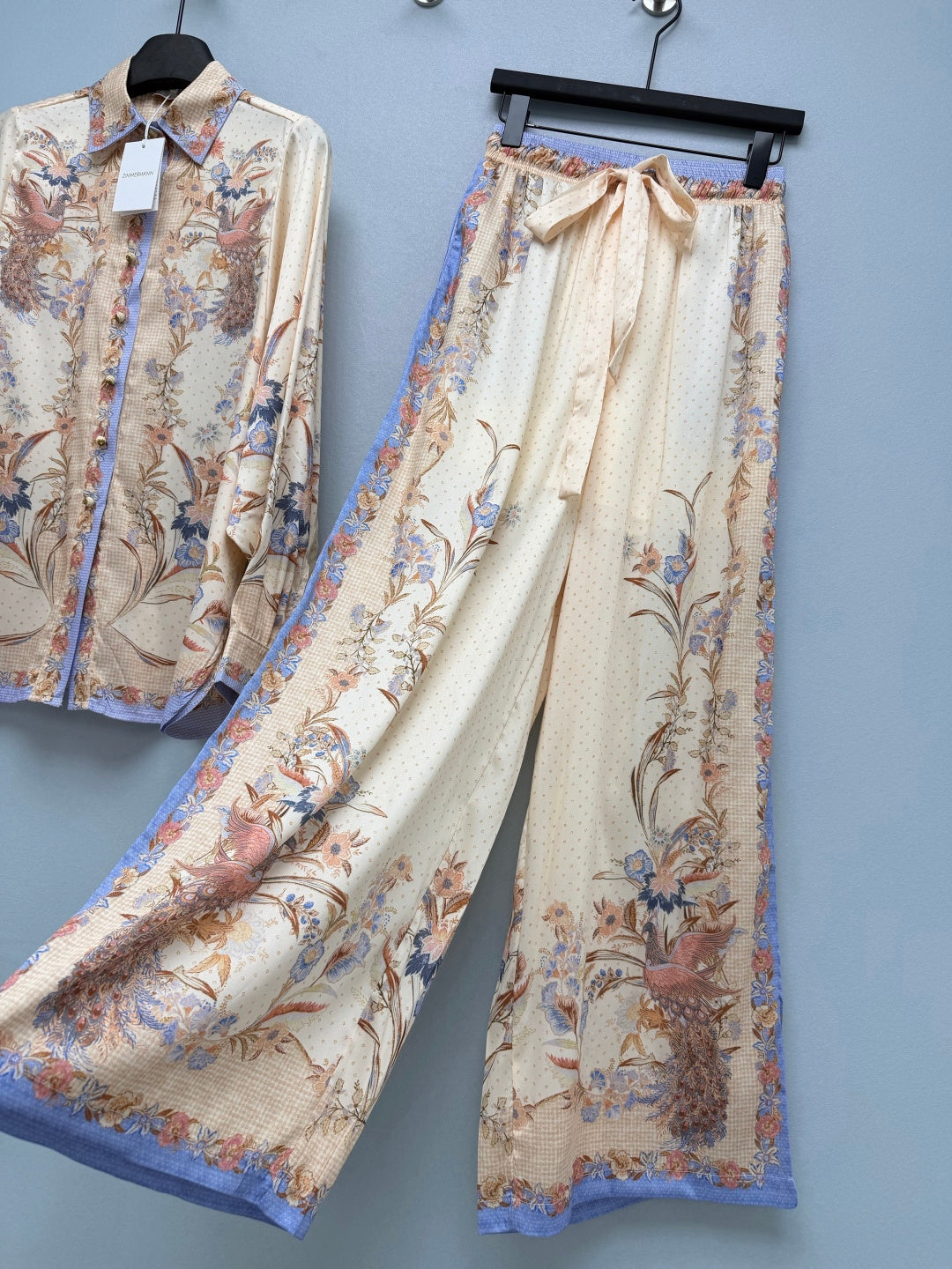 Satin-Finish Bird Print Shirt And Trousers Set - Ivory Blue - View 15