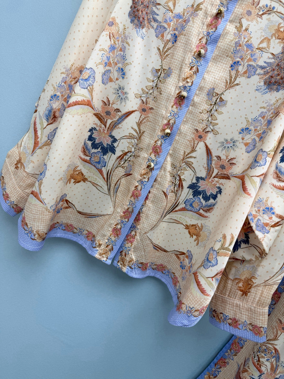 Satin-Finish Bird Print Shirt And Trousers Set - Ivory Blue - View 14