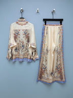 Satin-Finish Bird Print Shirt And Trousers Set - Ivory Blue - View 18