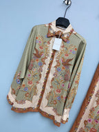Satin-Finish Bird Print Shirt And Trousers Set - Sage Green - View 2