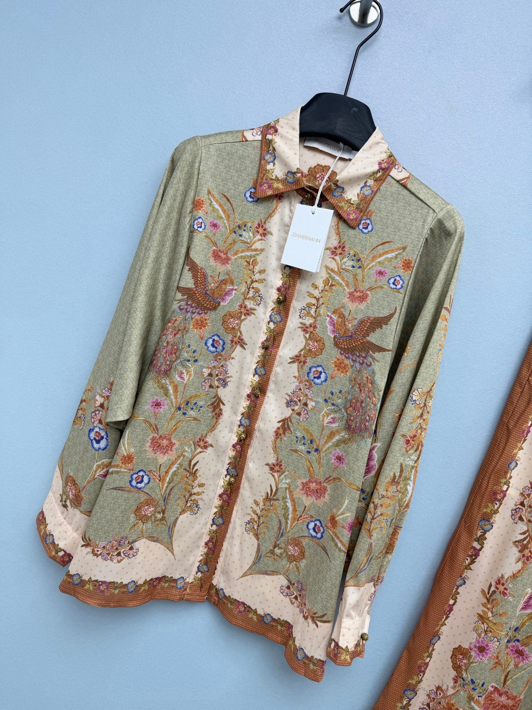 Satin-Finish Bird Print Shirt And Trousers Set - Sage Green - View 2