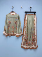 Satin-Finish Bird Print Shirt And Trousers Set - Sage Green - View 9