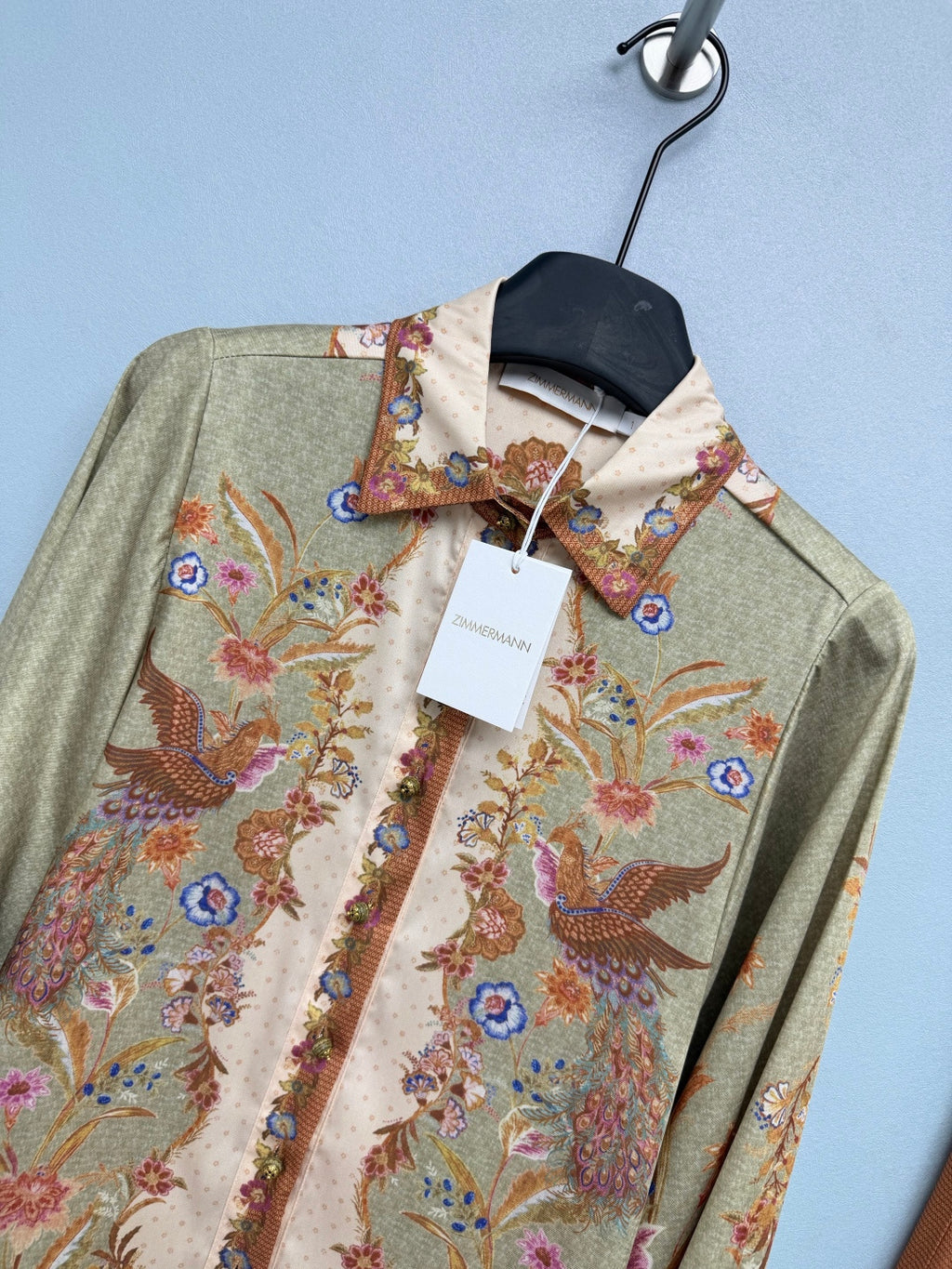 Satin-Finish Bird Print Shirt And Trousers Set - Sage Green - View 3