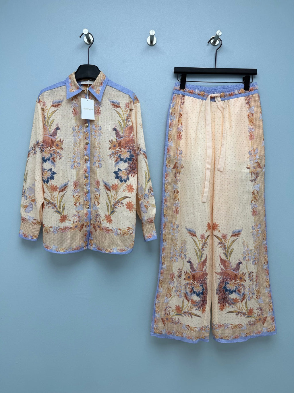 Vintage Bird Print Shirt And Trousers Set - Ivory Multicolor - View 1