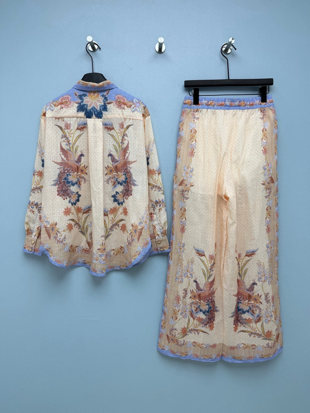 Vintage Bird Print Shirt And Trousers Set - Ivory Multicolor - View 9