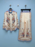 Vintage Bird Print Shirt And Trousers Set - Ivory Multicolor - View 9