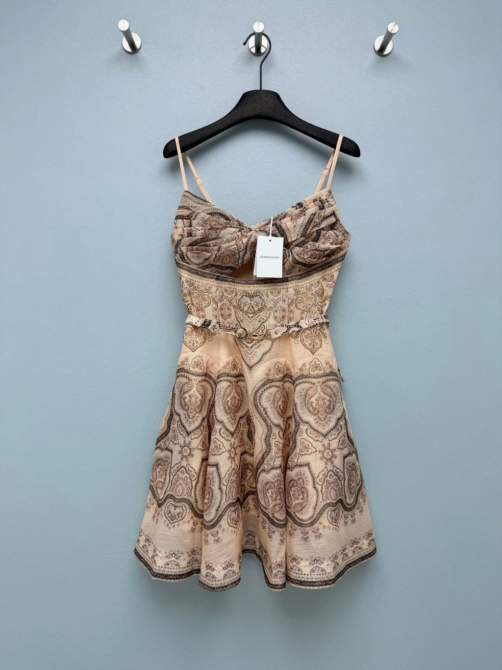 Paisley Print Belted Mini Dress - Taupe Paisley - View 1