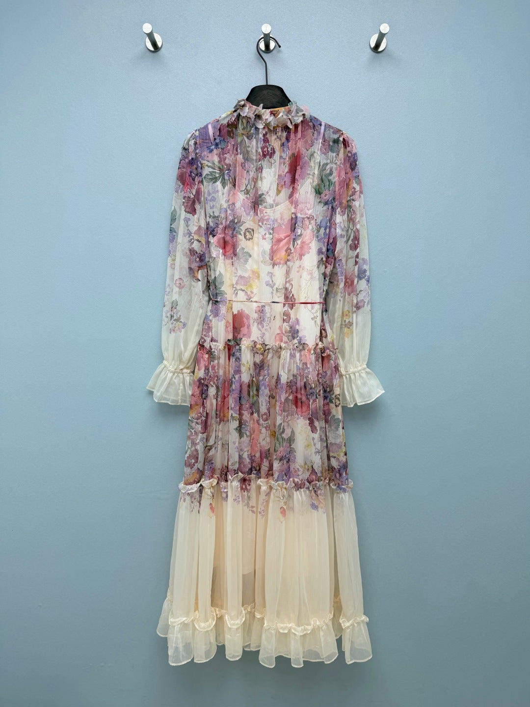 Watercolor Floral Tiered Maxi Dress - Ivory Multicolor - View 9