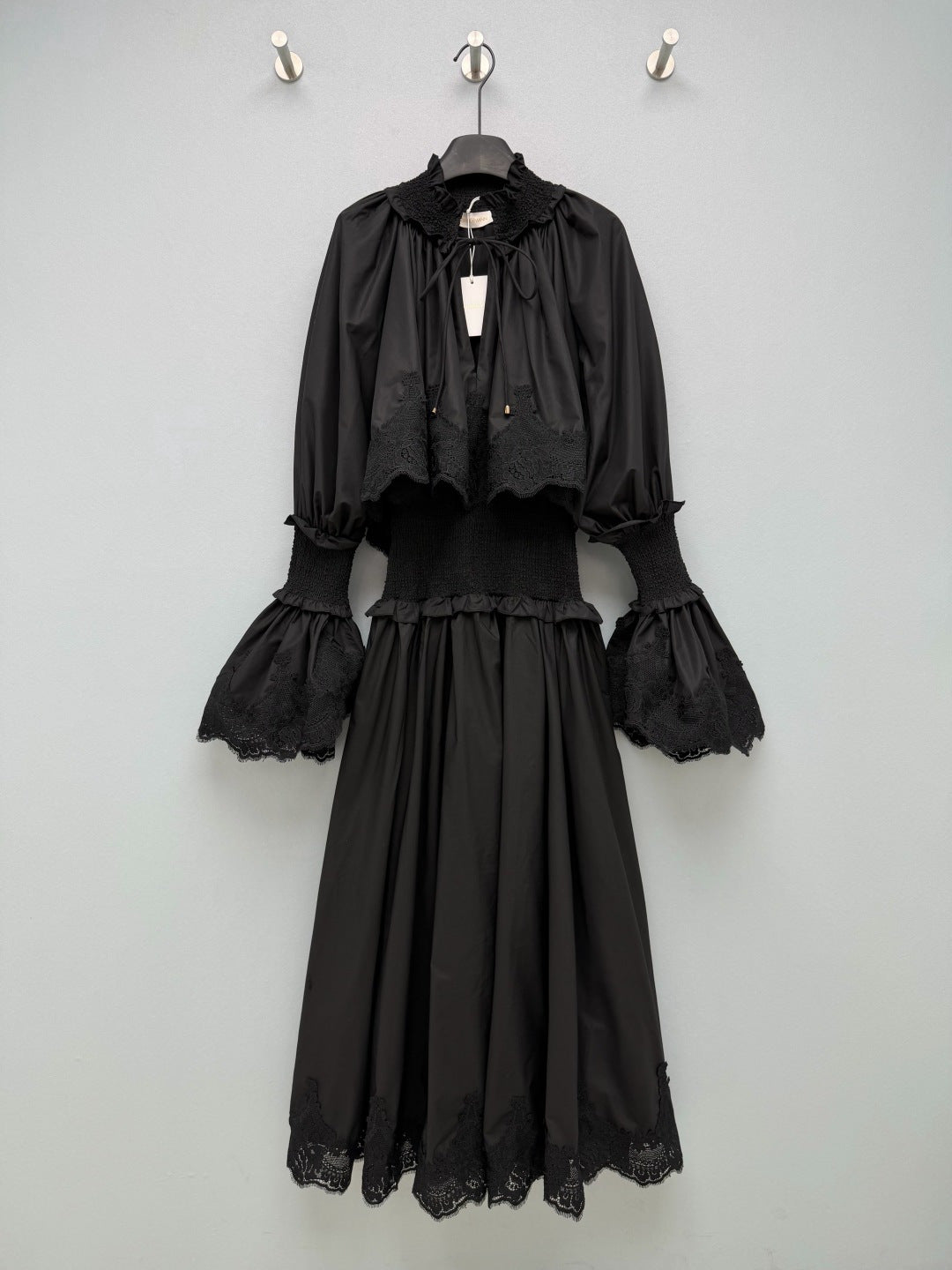 Lace-Trim Smocked Maxi Dress - Black - View 1