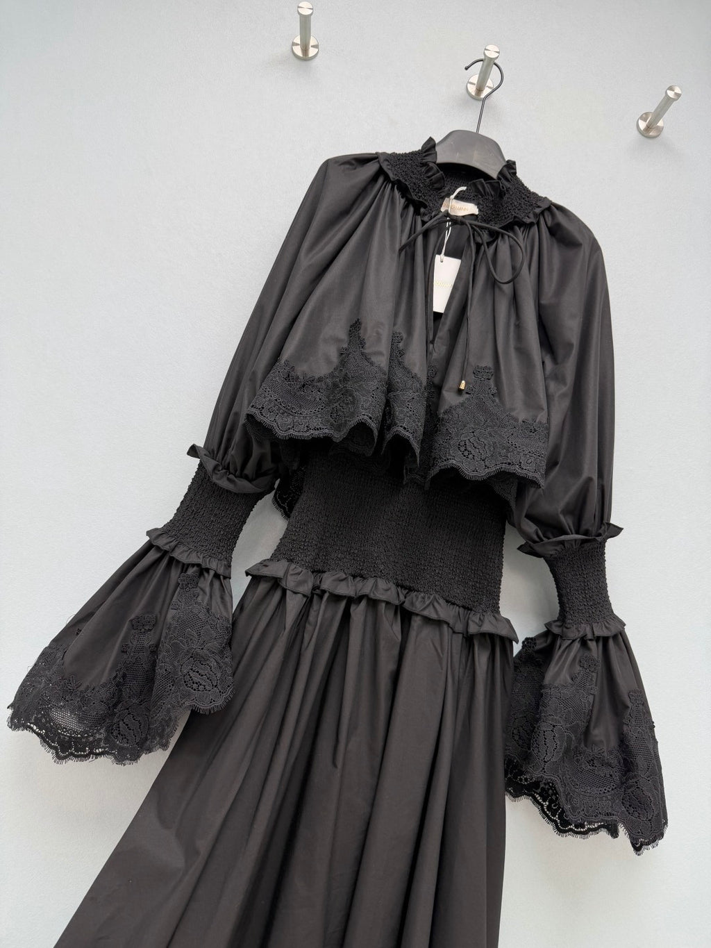 Lace-Trim Smocked Maxi Dress - Black - View 6