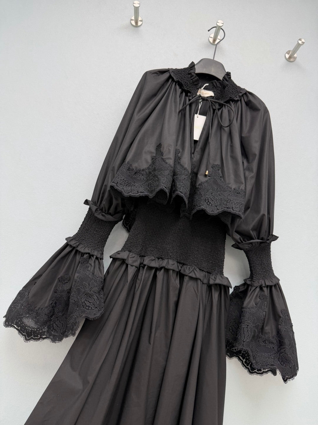 Lace-Trim Smocked Maxi Dress - Black - View 6